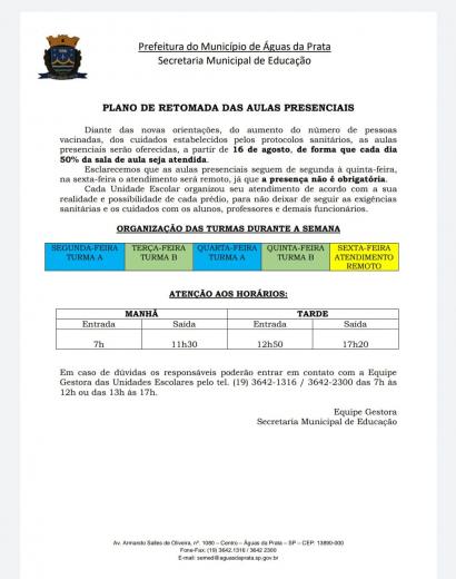 Plano de retomada das aulas presenciais