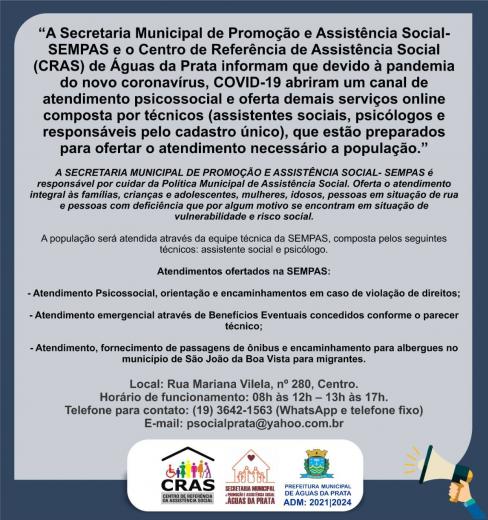 AVISO IMPORTANTE - CONHEÇA OS SERVIÇOS OFERECIDOS PELO CRAS