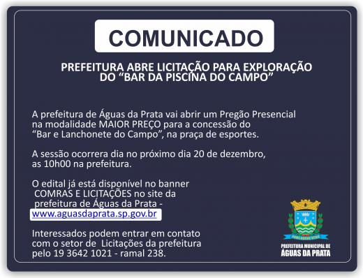 ATENÇÃO EMPREENDEDORES PARA A LICITAÇÃO DO BAR DA PISCINA DO CAMPO