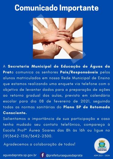 ATENÇÃO PAIS E RESPONSÁVEIS PELOS ALUNOS MATRICULADOS NA REDE MUNICIPAL DE ENSINO.