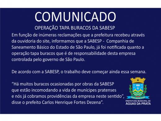 PREFEITURA ACIONA SABESP PARA OPERAÇÃO TAPA BURACOS
