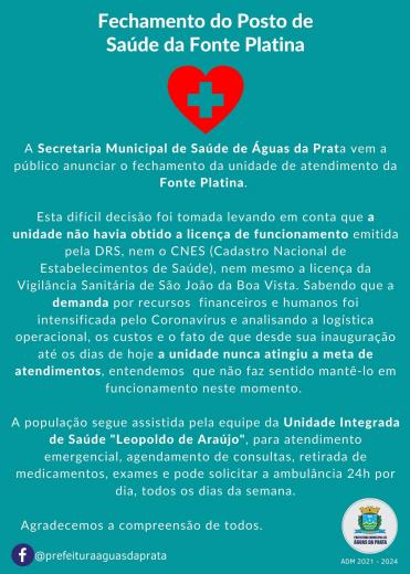 Encerramento dos atendimentos no posto de Saúde da Fonte Platina.